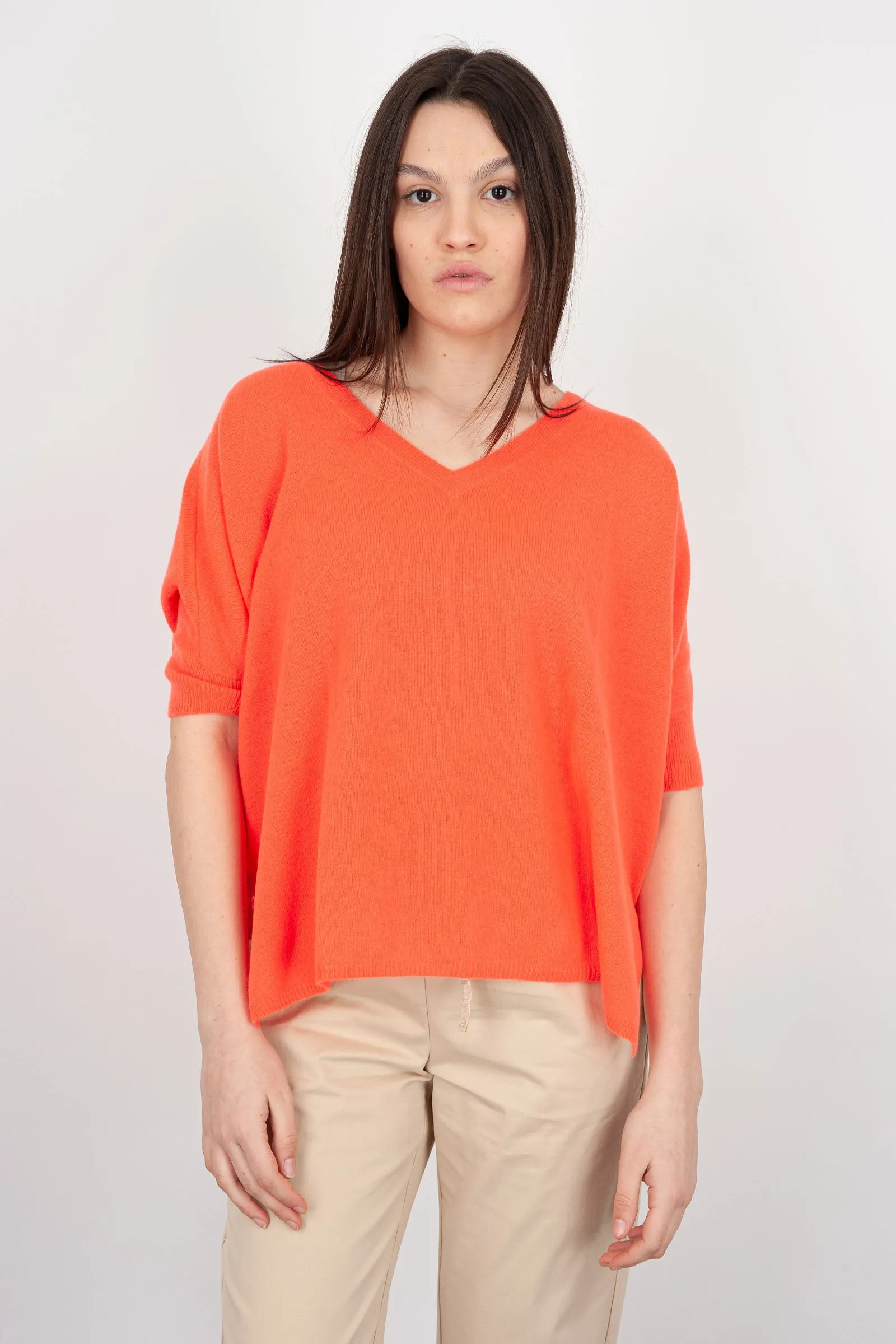 Absolut Cashmere Maglia Poncho Scollo V Lana Corallo