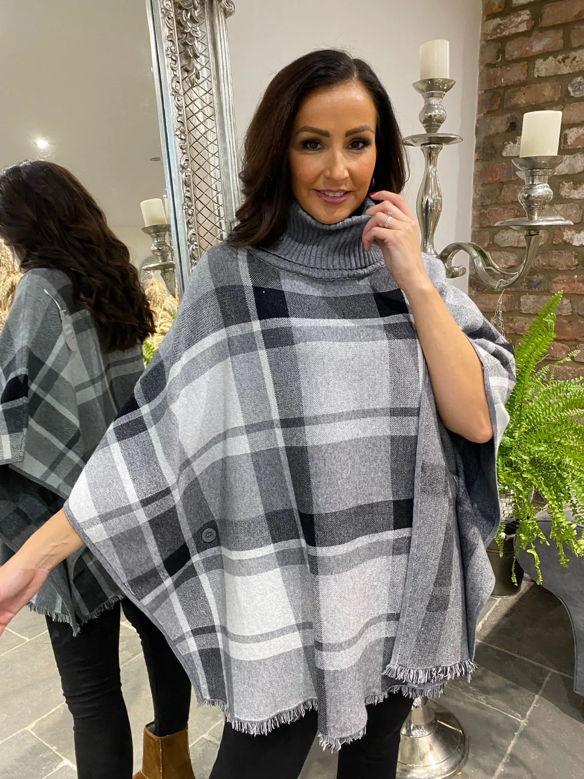 Checked Roll Neck Poncho Ruthie