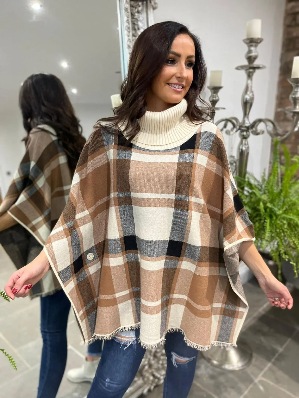 Checked Roll Neck Poncho Ruthie