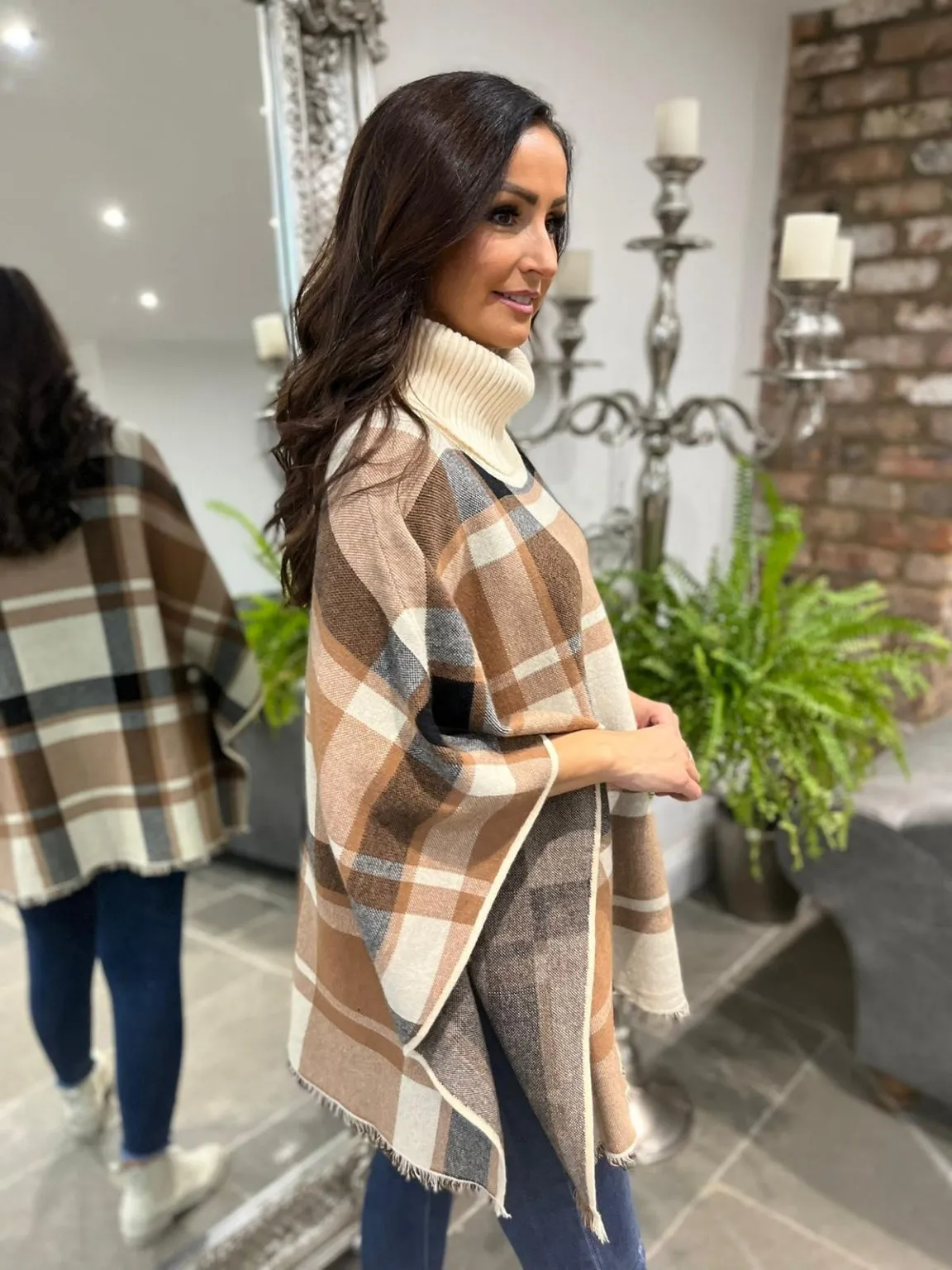 Checked Roll Neck Poncho Ruthie