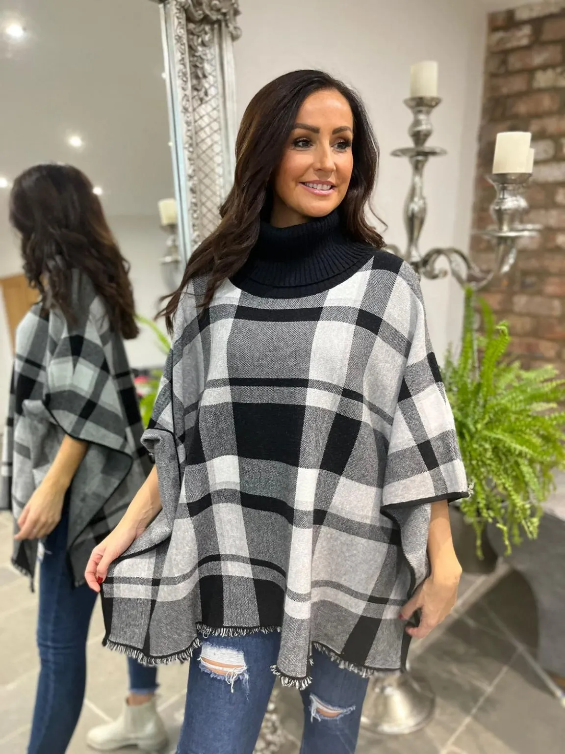 Checked Roll Neck Poncho Ruthie