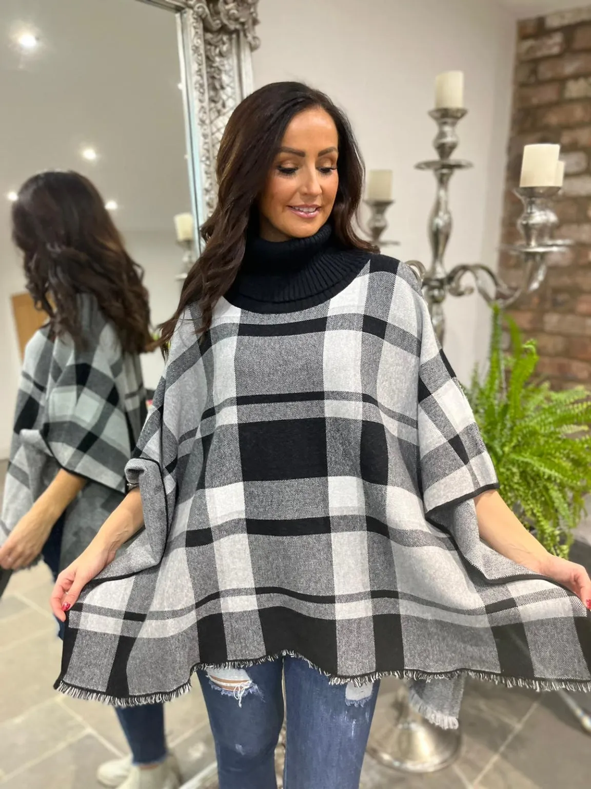 Checked Roll Neck Poncho Ruthie