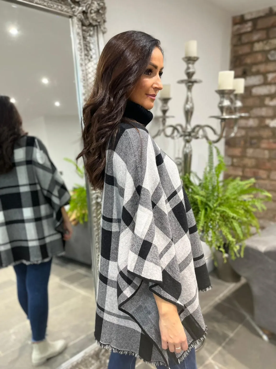 Checked Roll Neck Poncho Ruthie