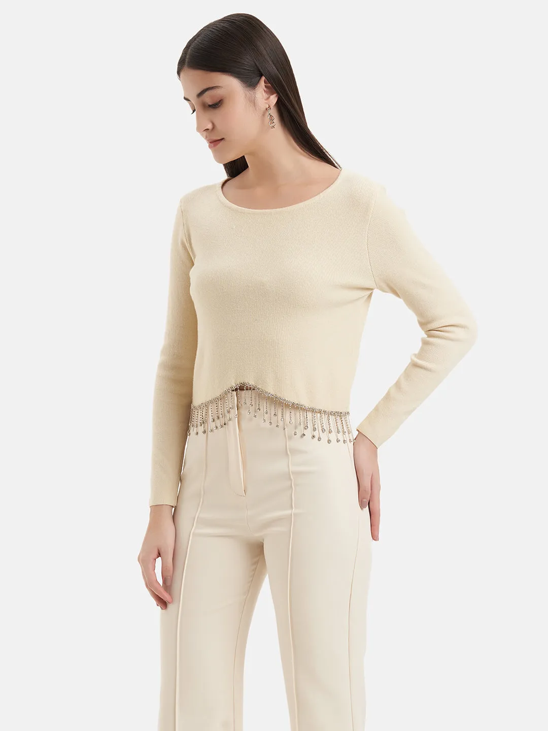 Cropped Pullover With Embellished Fringes