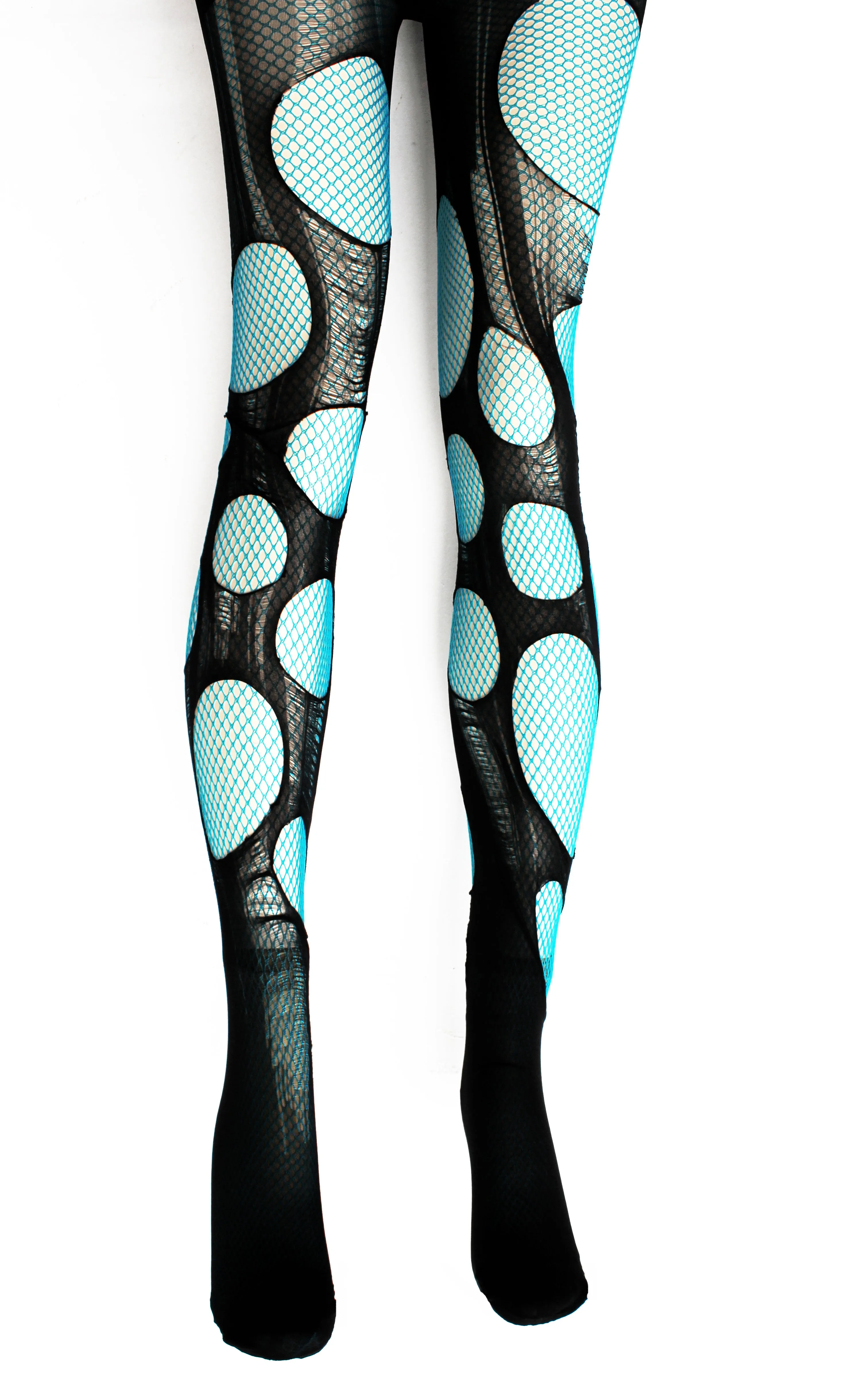 Double layered tattered & torn turquoise | Black fishnet tights