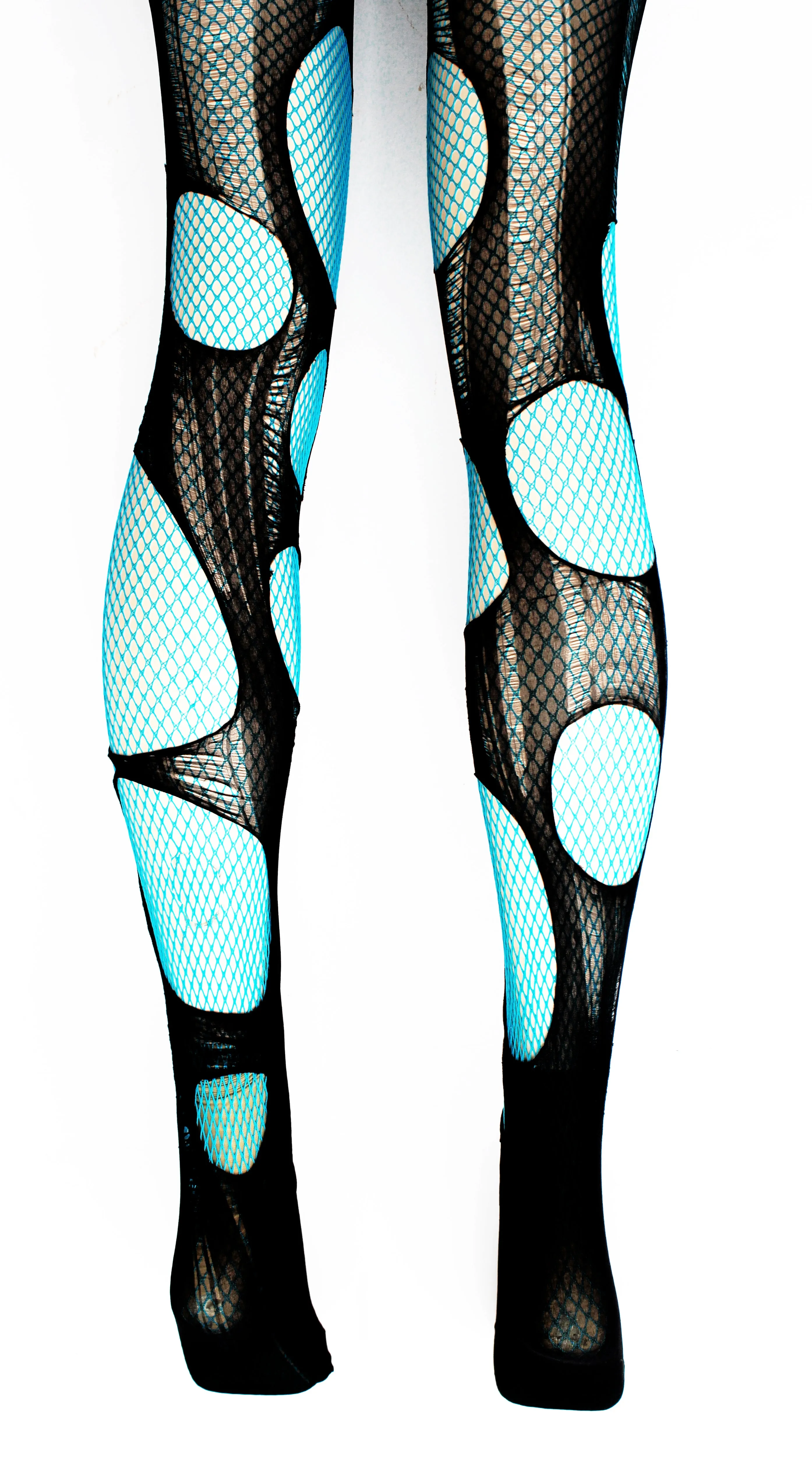 Double layered tattered & torn turquoise | Black fishnet tights