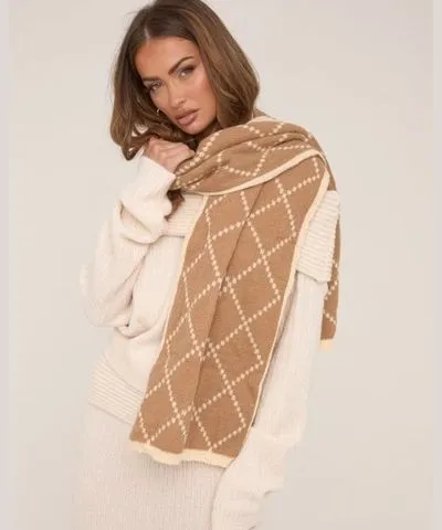 EGO Oversized Diamond Print Scarf In Beige