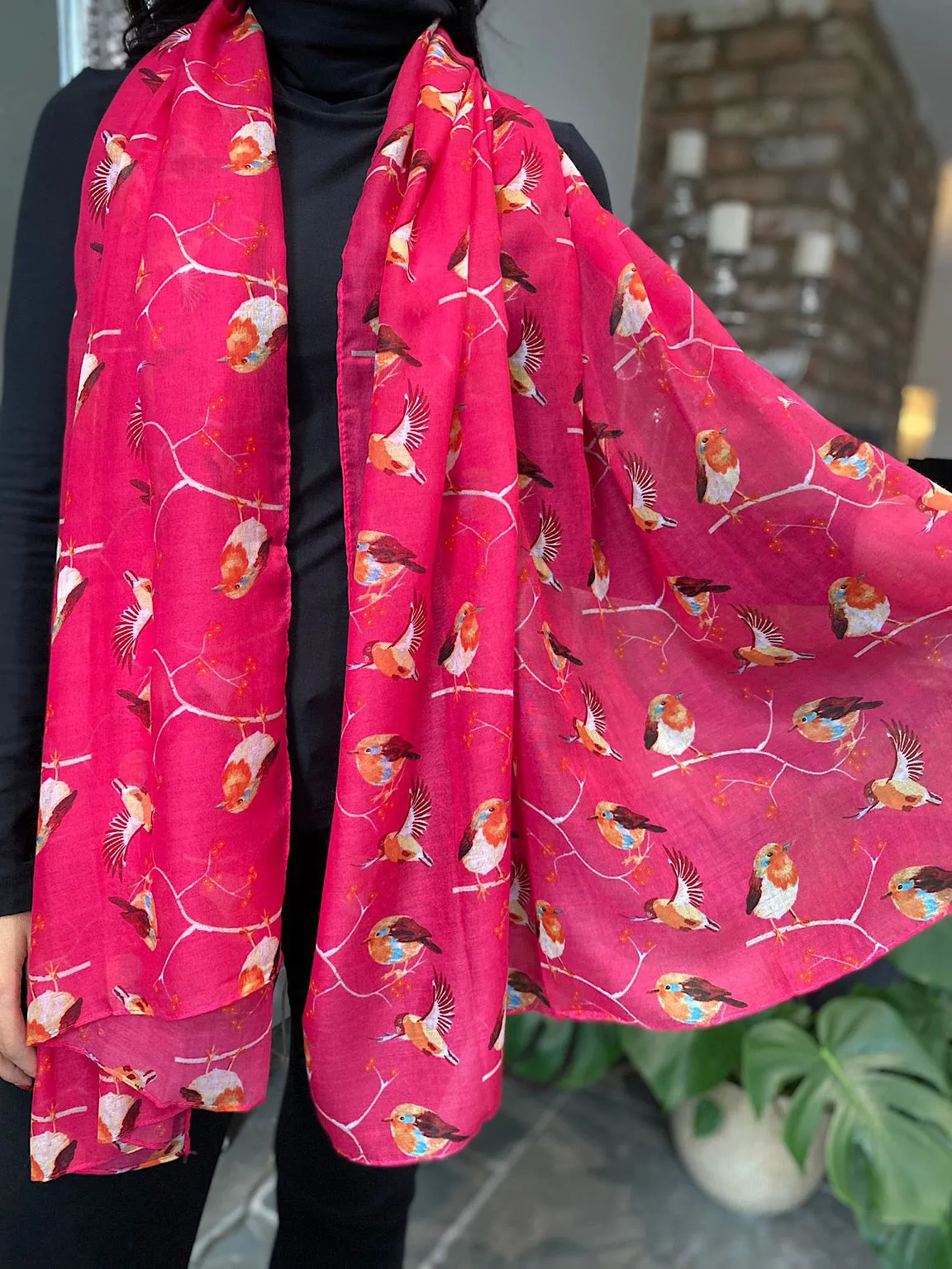 Fuchsia Robin Bird Print Scarf