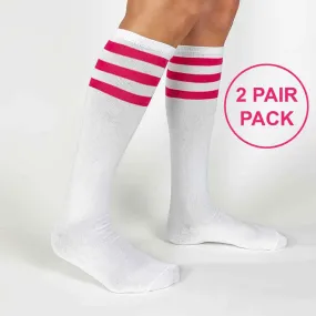 Fuchsia Striped White Cotton Knee High Socks - 2 Pk on Sale