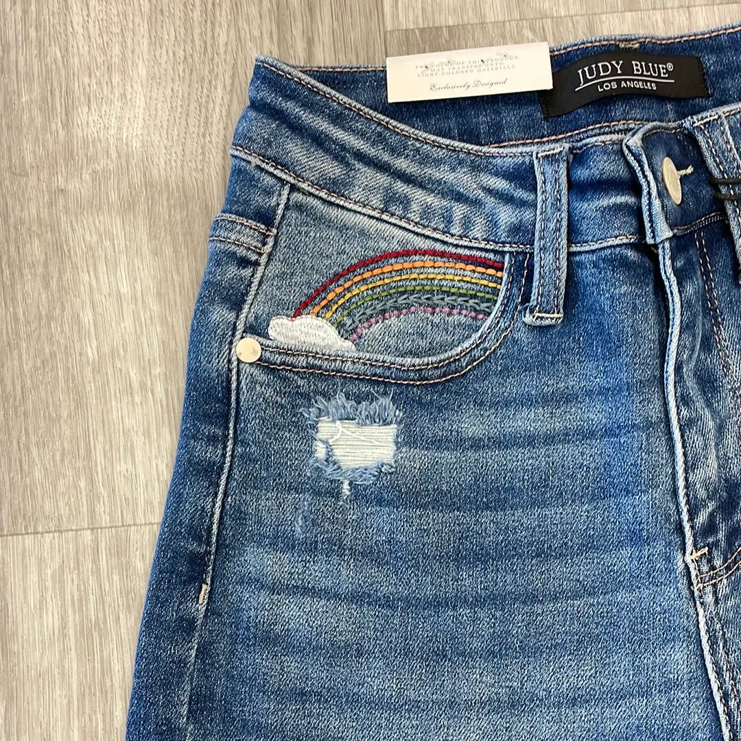 Judy Blue Hi-Rise Rainbow Embroidery Cropped Straight Leg Jean