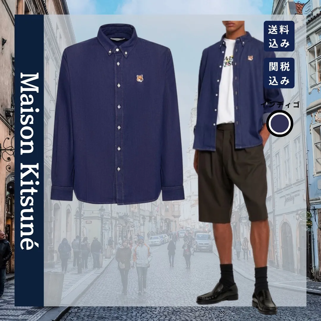 MAISON KITSUNE  |Button-down Denim Cotton Logo Designers Shirts