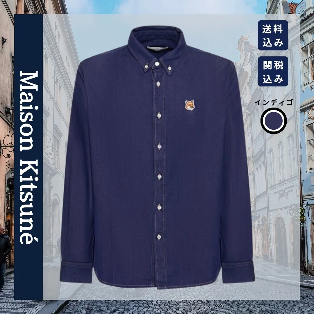 MAISON KITSUNE  |Button-down Denim Cotton Logo Designers Shirts