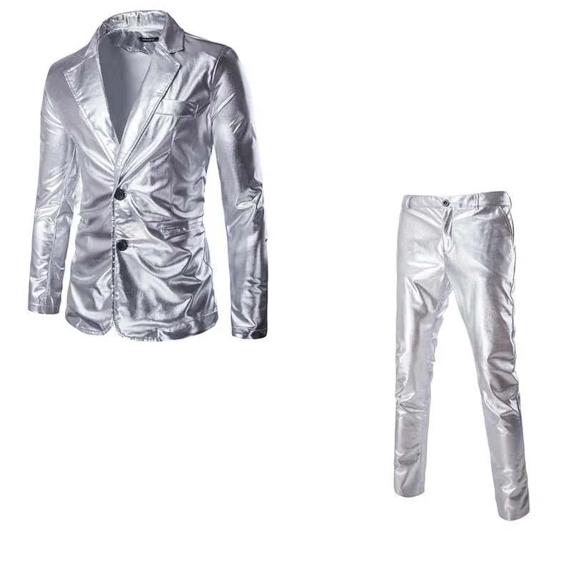 Men's Party and Stage Notched Collar Shiny Jacket Pants Two Piece Suit Set