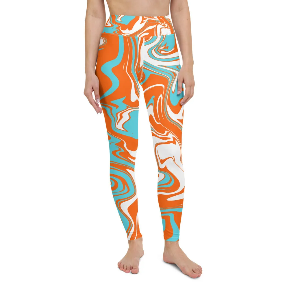 Orange Turquoise and White Oil Spill High-Waisted Yoga Leggings