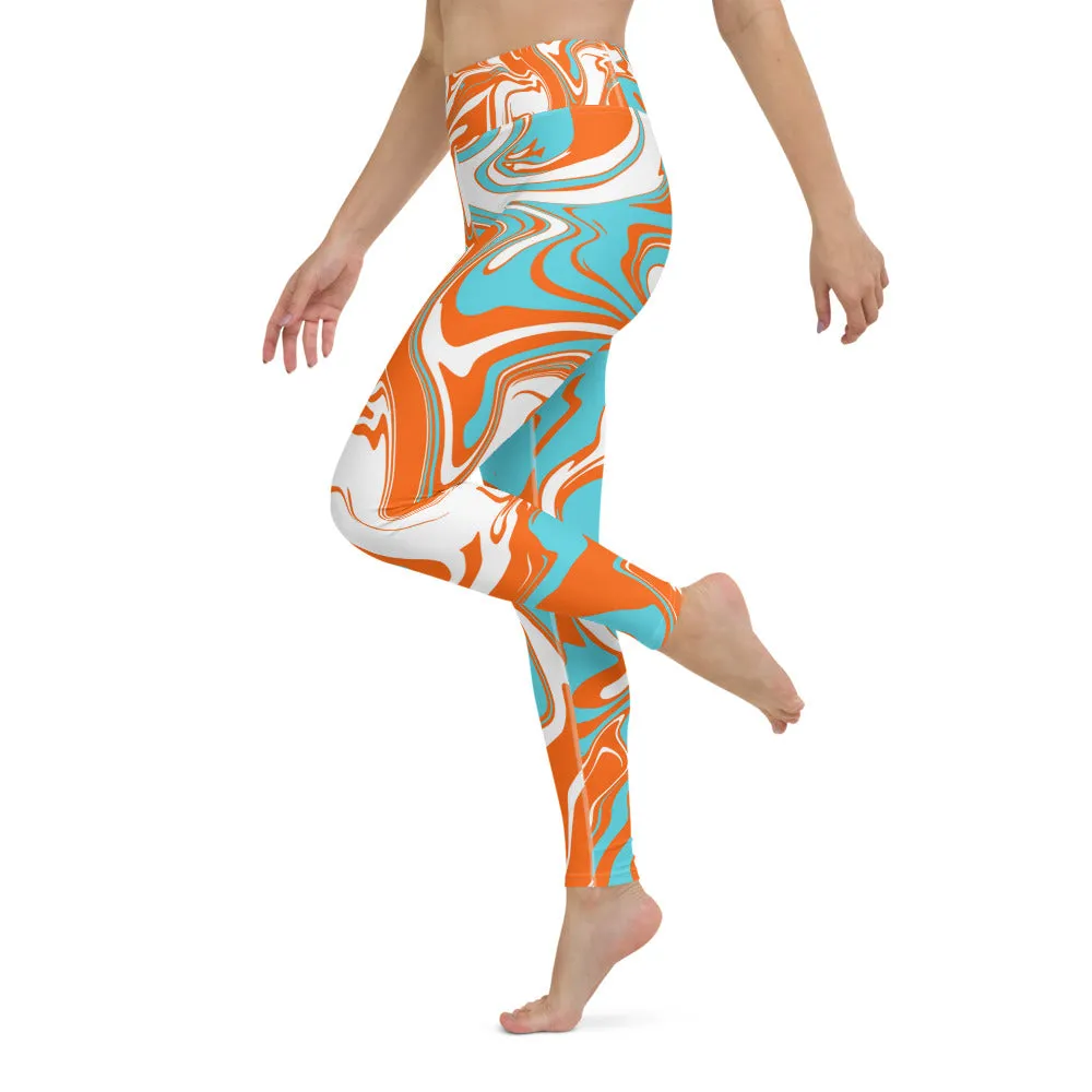 Orange Turquoise and White Oil Spill High-Waisted Yoga Leggings