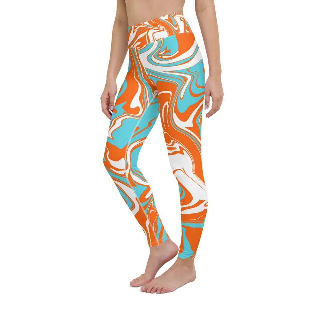 Orange Turquoise and White Oil Spill High-Waisted Yoga Leggings