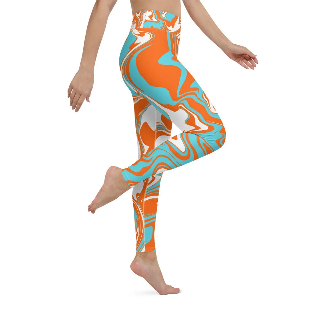 Orange Turquoise and White Oil Spill High-Waisted Yoga Leggings