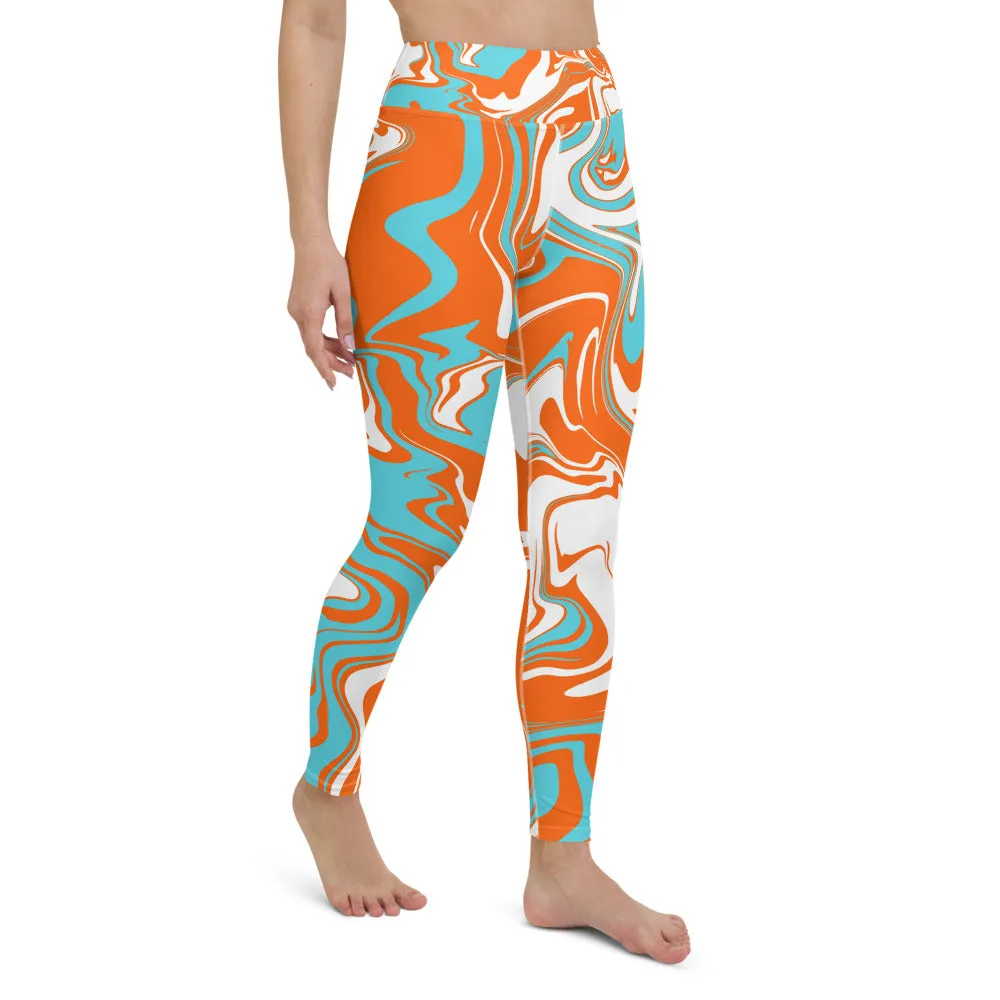 Orange Turquoise and White Oil Spill High-Waisted Yoga Leggings