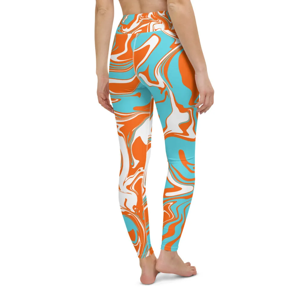 Orange Turquoise and White Oil Spill High-Waisted Yoga Leggings