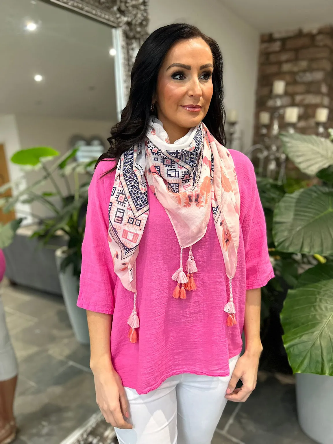 Pink Feather Border Tassel Scarf