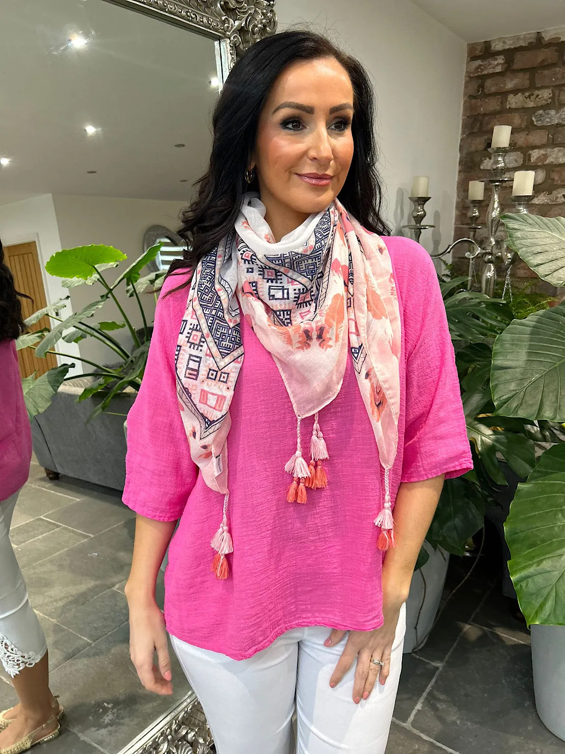 Pink Feather Border Tassel Scarf