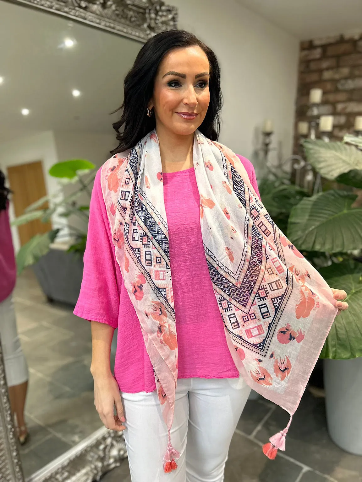 Pink Feather Border Tassel Scarf