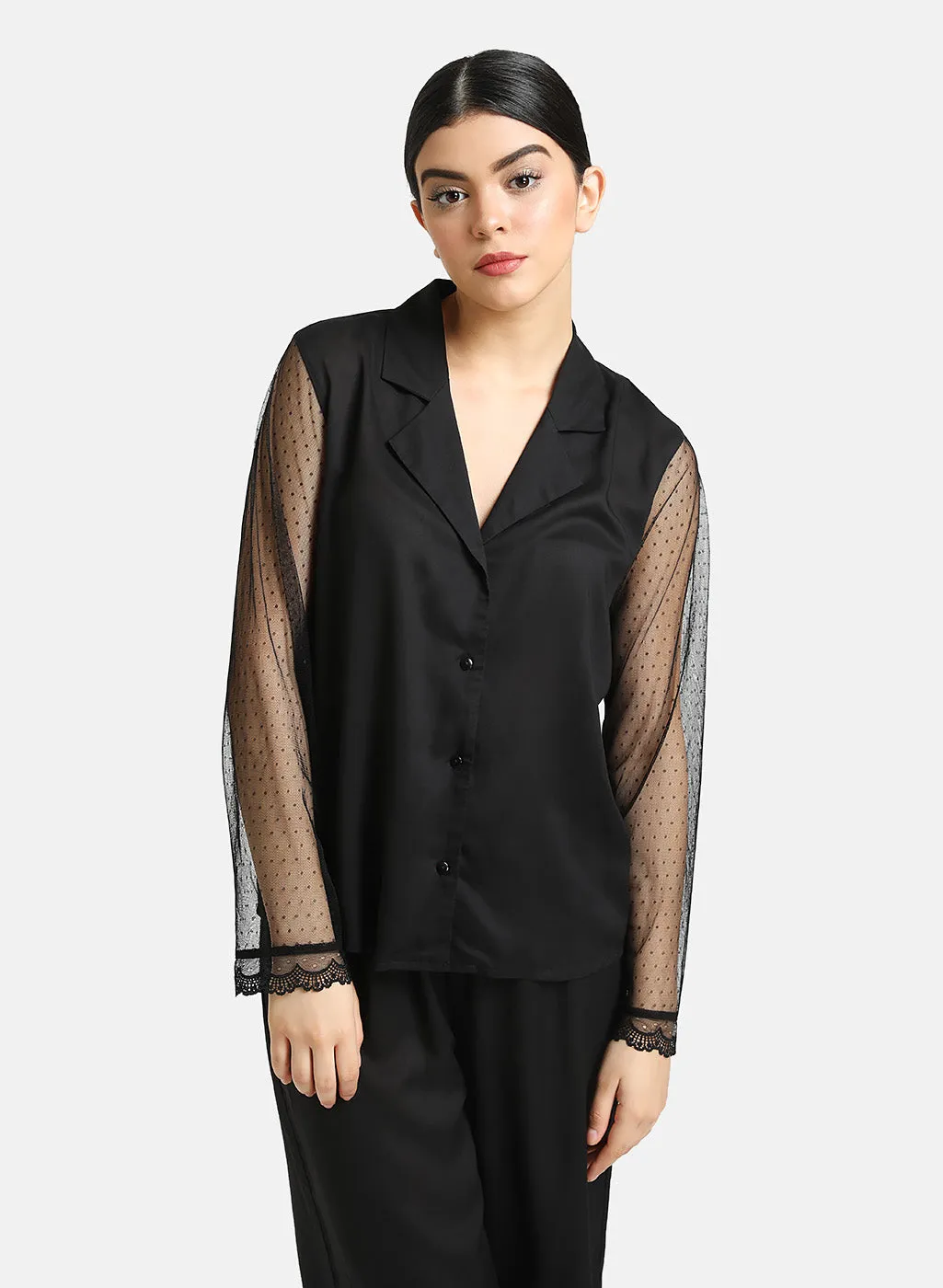 Set Of Mesh Detailed Shirt And Pajama