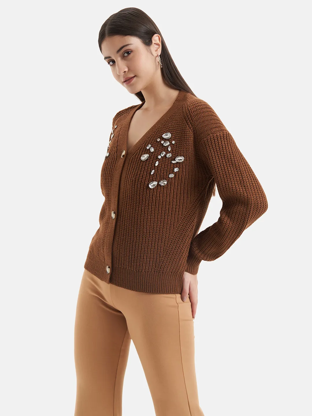 Shoulder Embellished Front Open Pullover