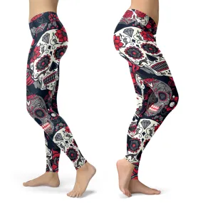 Sugar Skull Red Rose Leggings