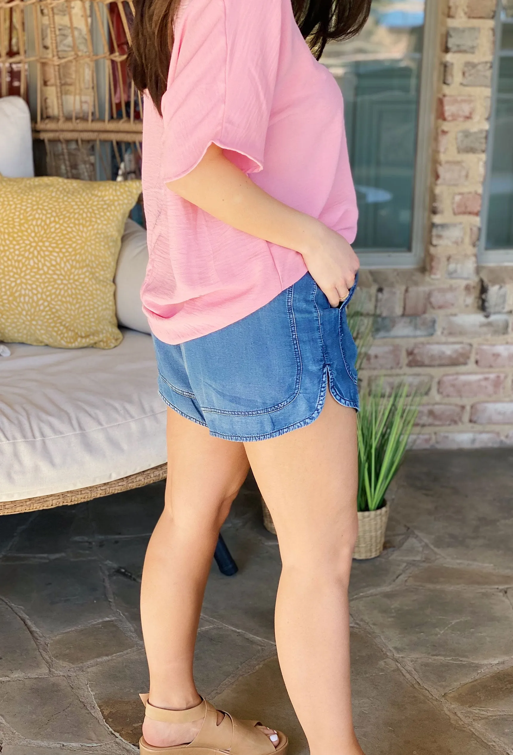 Sweet Escape Chambray Shorts in Denim Blue