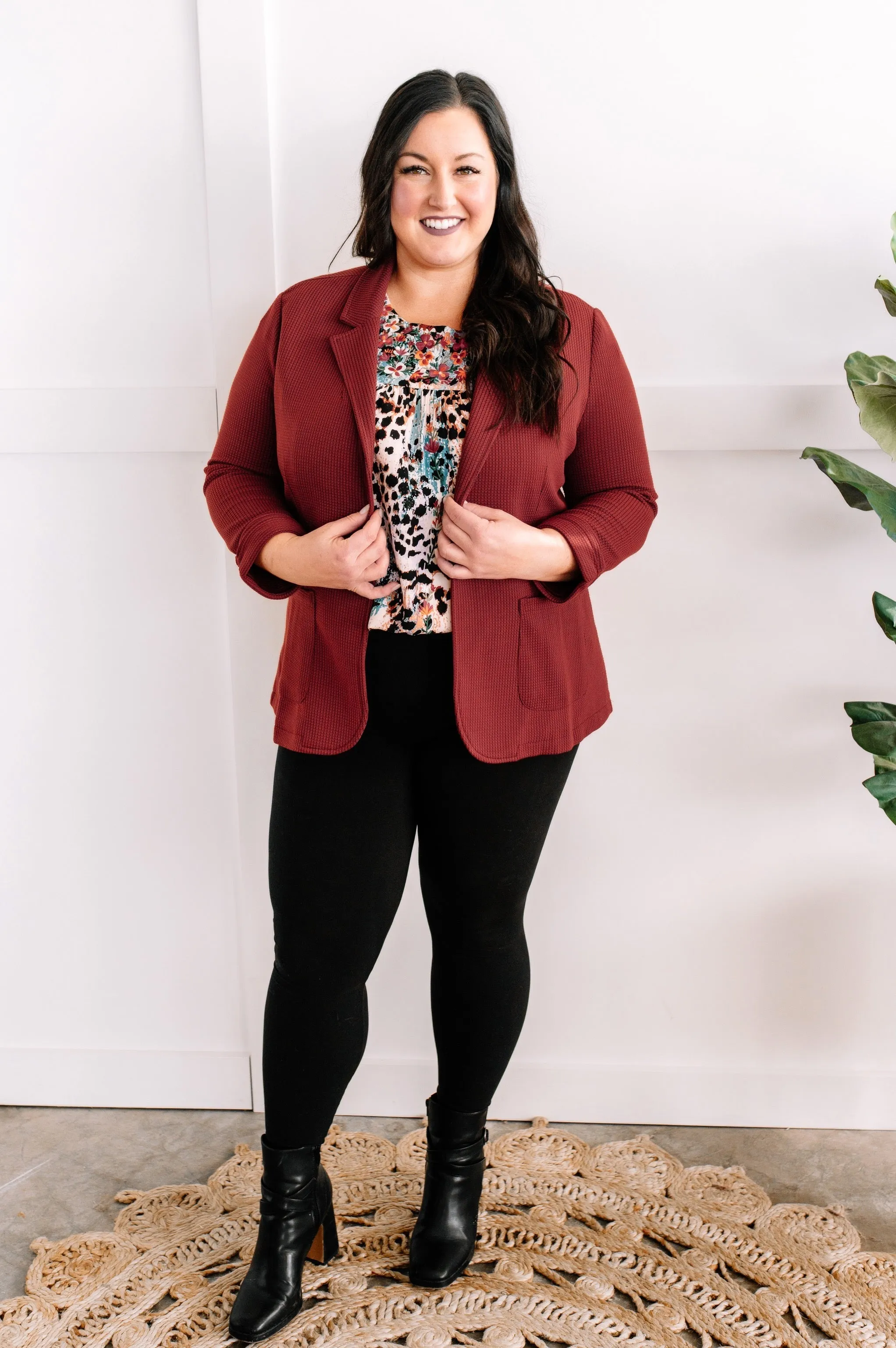 Textured Blazer With Pockets In Lingonberry