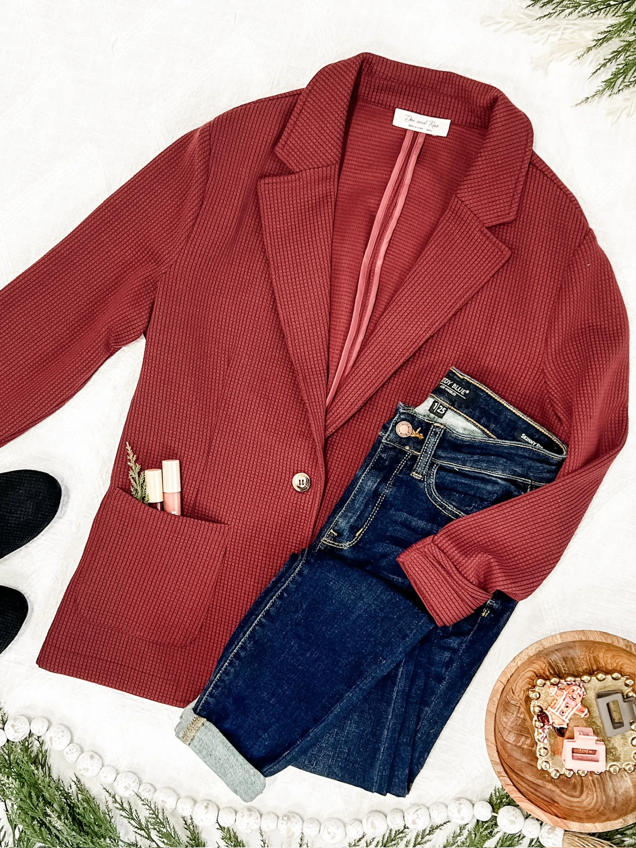 Textured Blazer With Pockets In Lingonberry