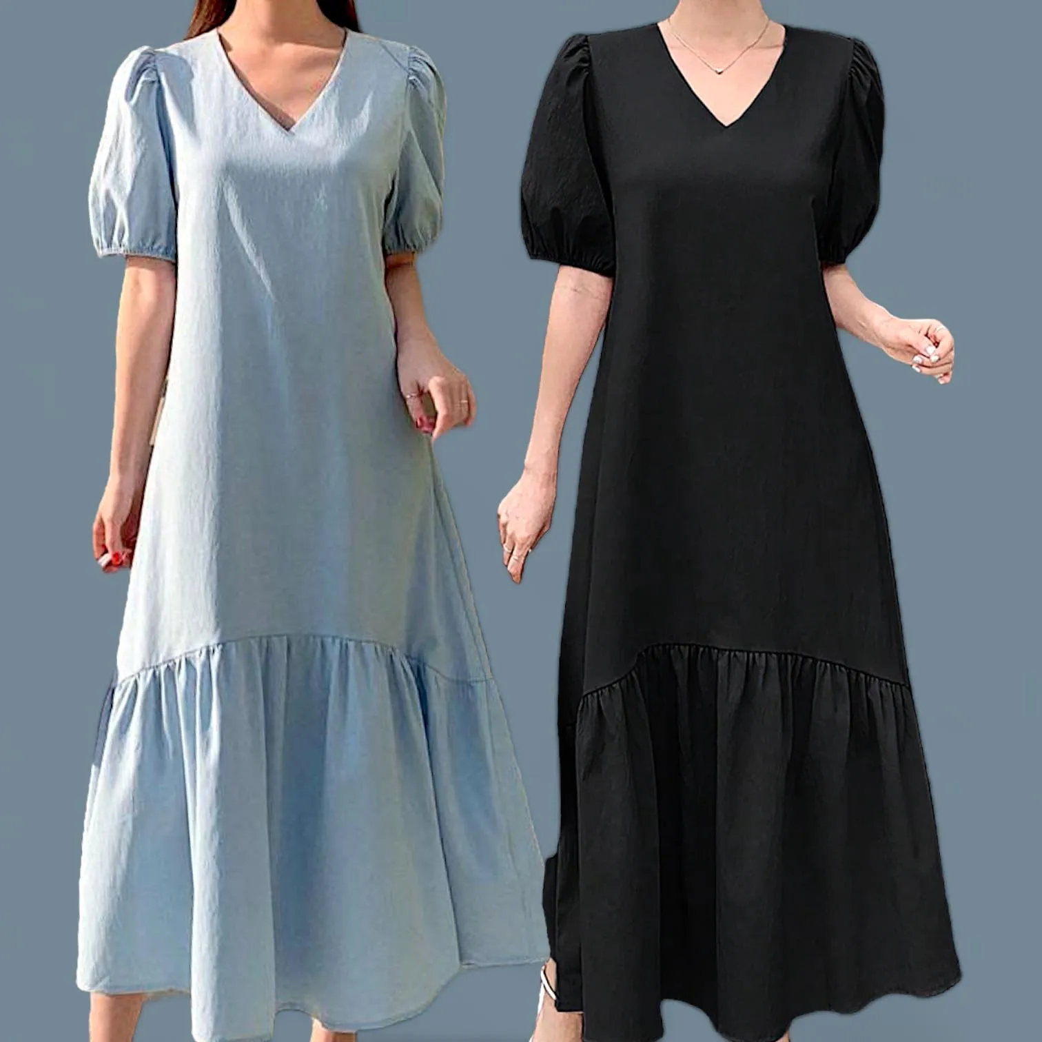 VIEN Woven Lounge Puff Sleeve Long Weekend Dress