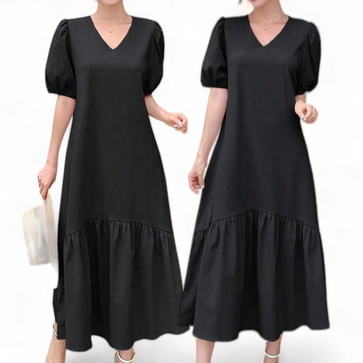 VIEN Woven Lounge Puff Sleeve Long Weekend Dress