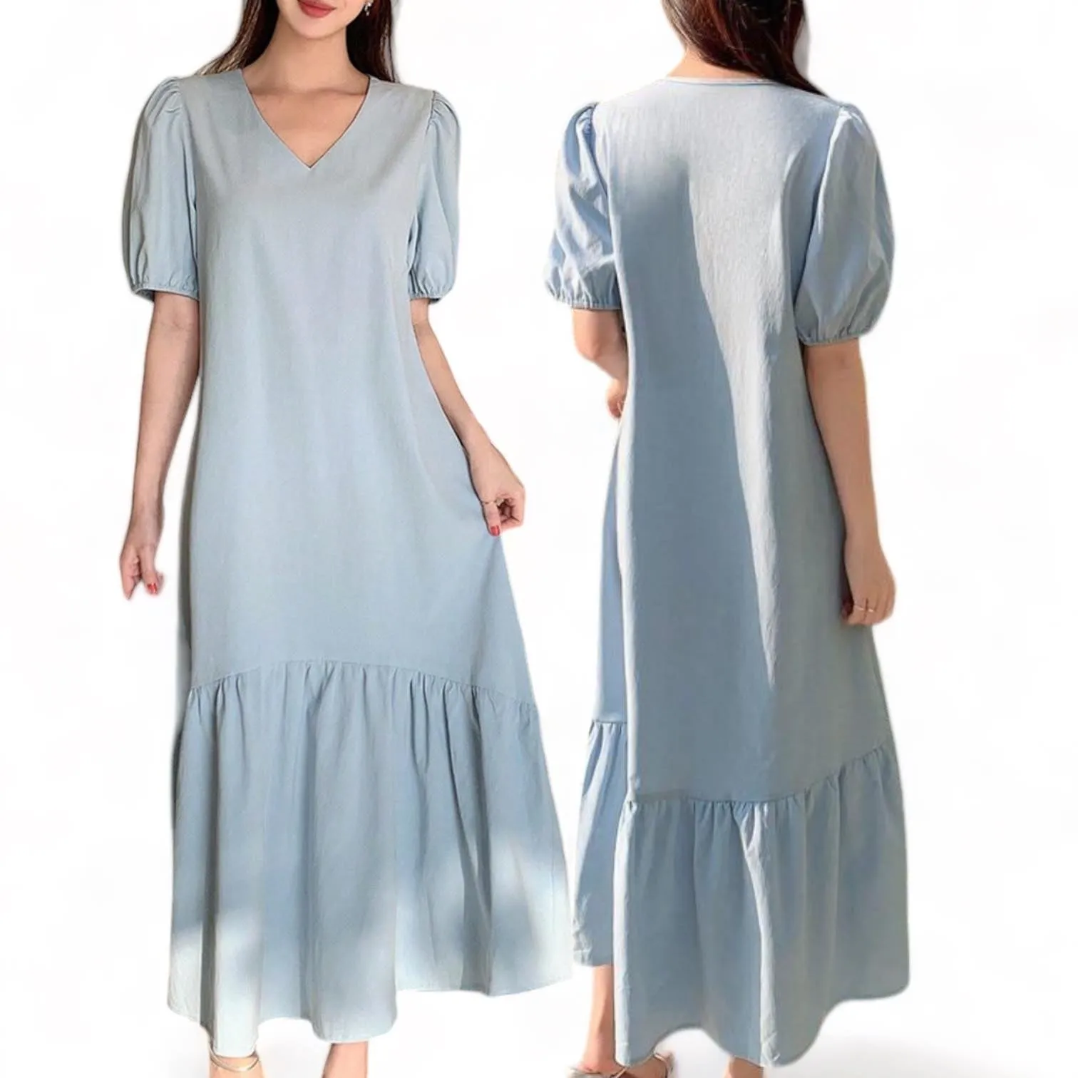 VIEN Woven Lounge Puff Sleeve Long Weekend Dress