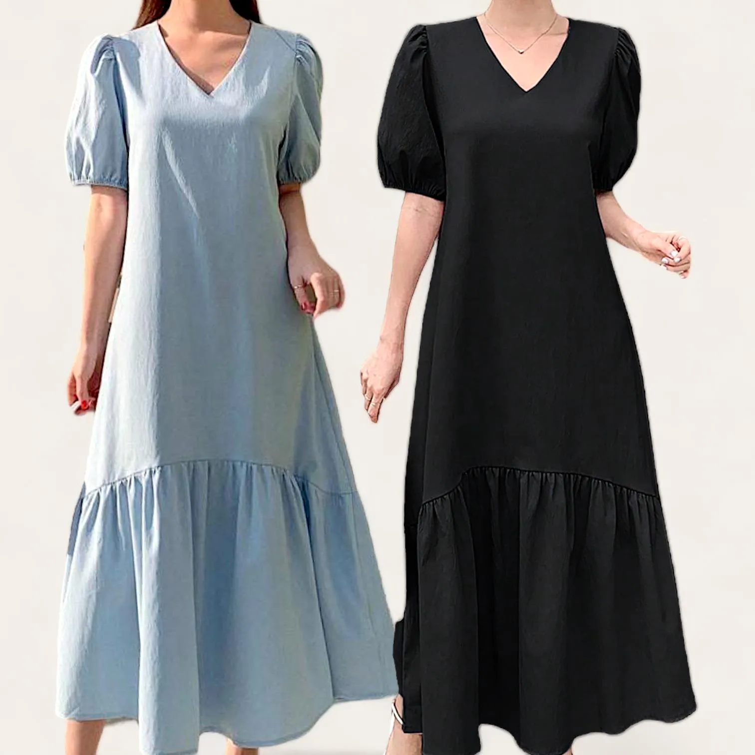 VIEN Woven Lounge Puff Sleeve Long Weekend Dress