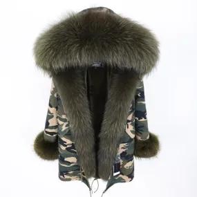 Women's Army Green Color Natural Fox Fur Collared Thick Warm Jacket for Winter