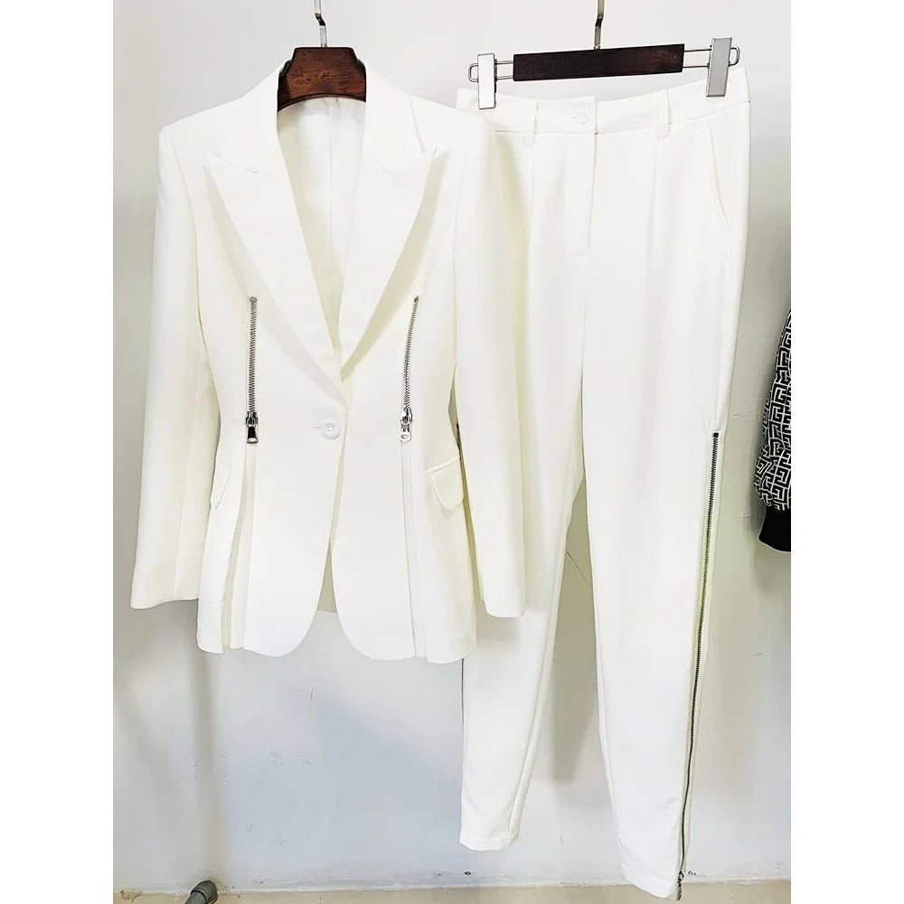 Women's Designer Style Single Button Jacket Pencil Fit Pants Two Piece Suit Set