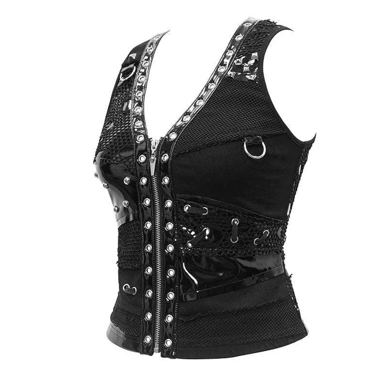 Women's Punk Faux Leather Splicing Mesh Vests With Rivets