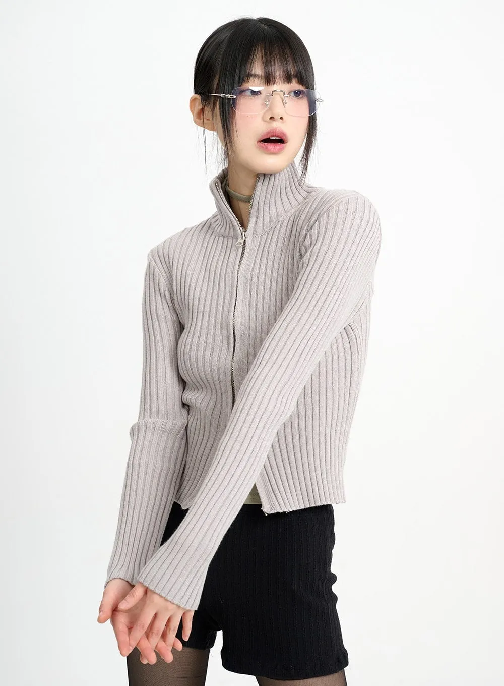 Wool-Blend Knit Zipper Long Sleeve Collared Top CM415