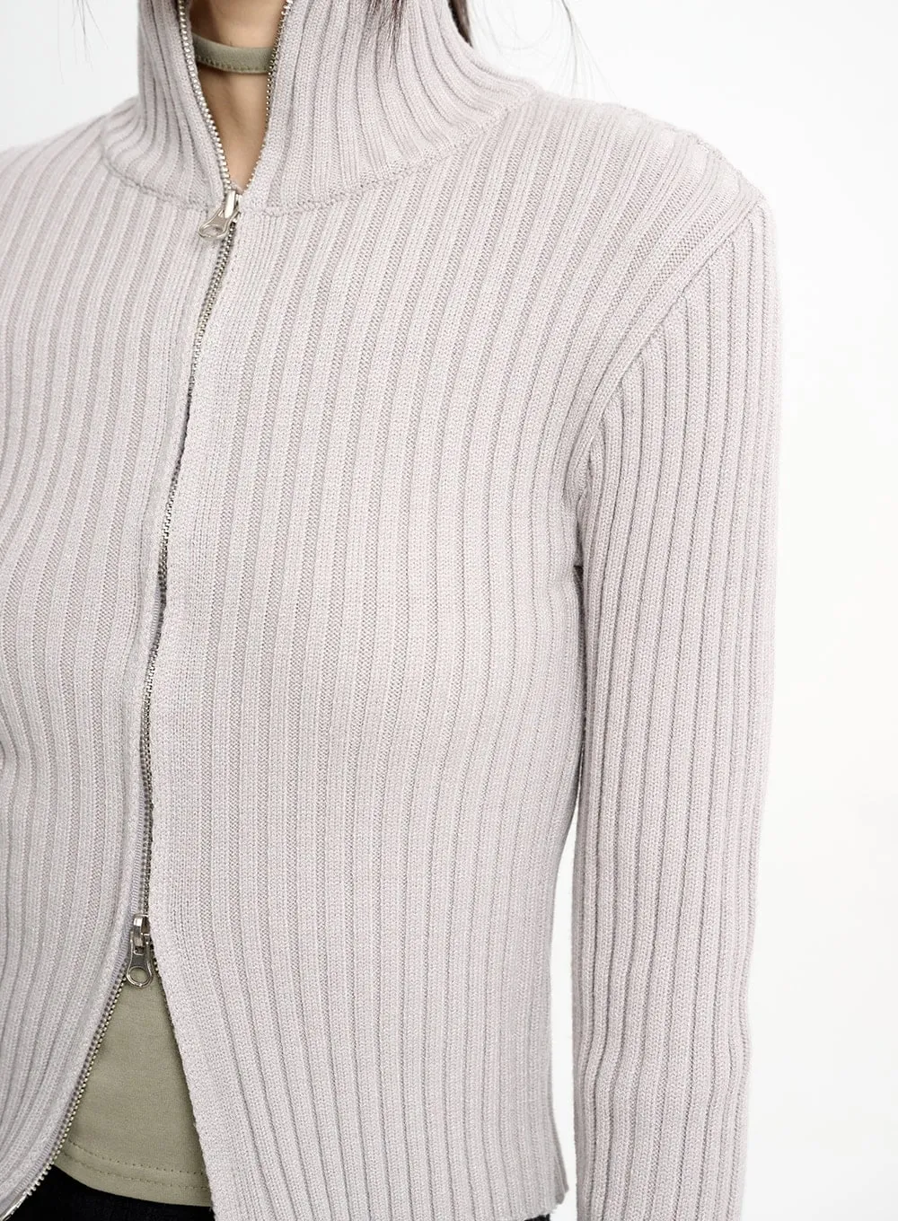 Wool-Blend Knit Zipper Long Sleeve Collared Top CM415